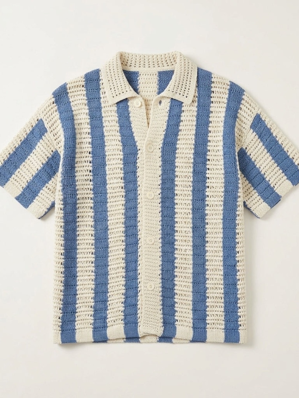Cream and Blue Striped Crochet Polo Shirt - Men's